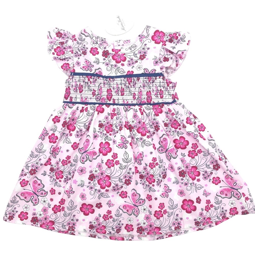 Marie Nicole Girls Floral Butterfly Smocked Flutter Sleeve Dress Pink XS NWT